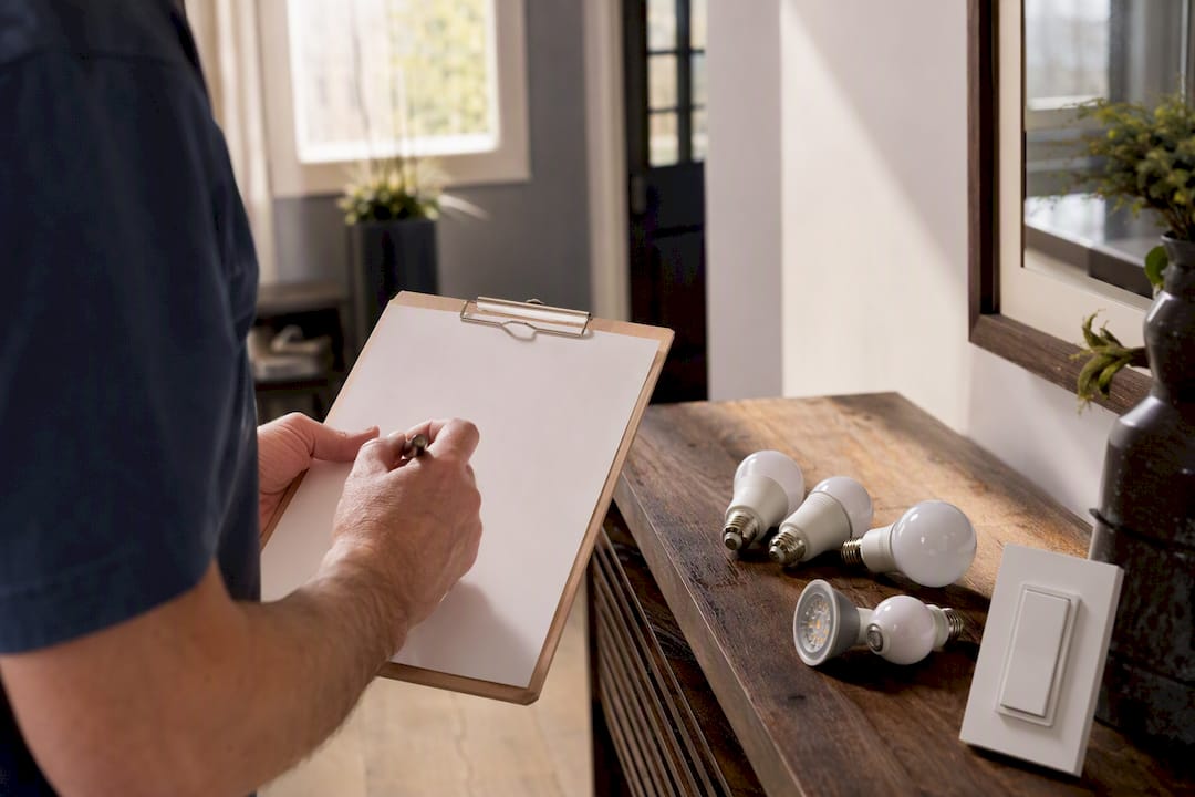 Hands noting LED bulb specs on tablet