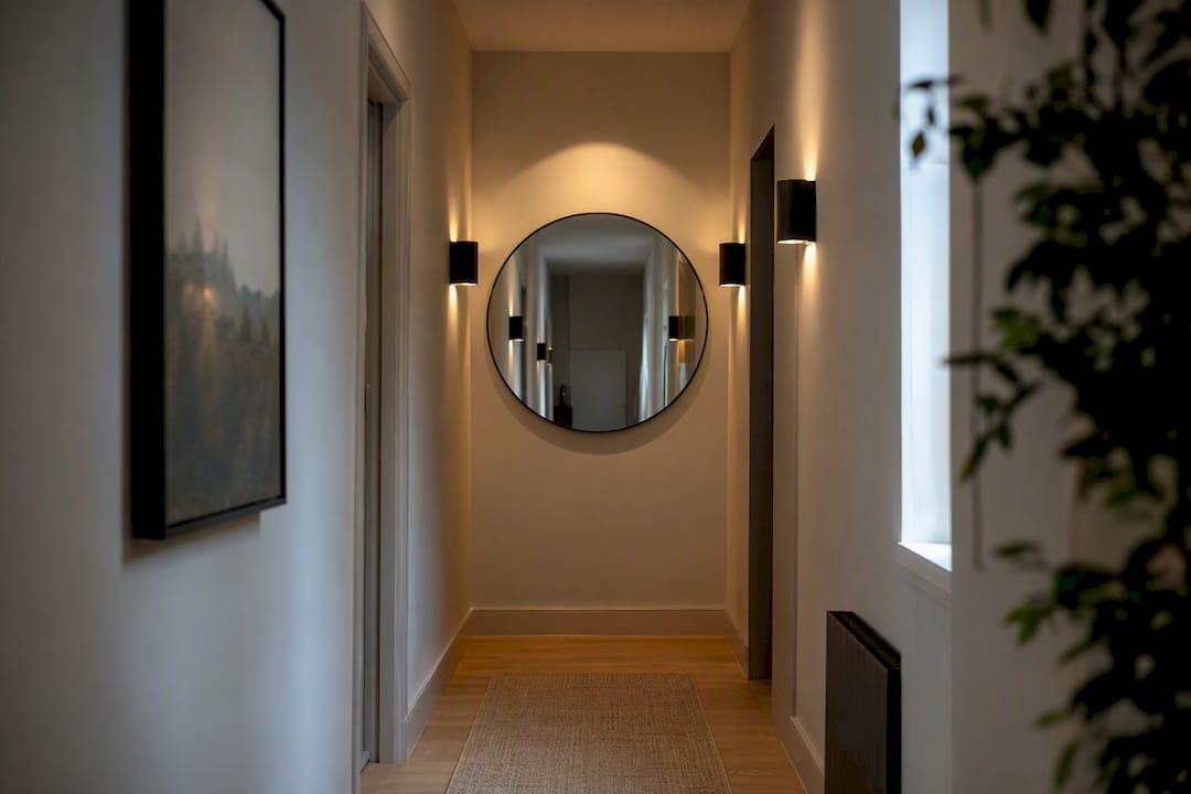 Narrow entryway lit by wall sconces and mirror