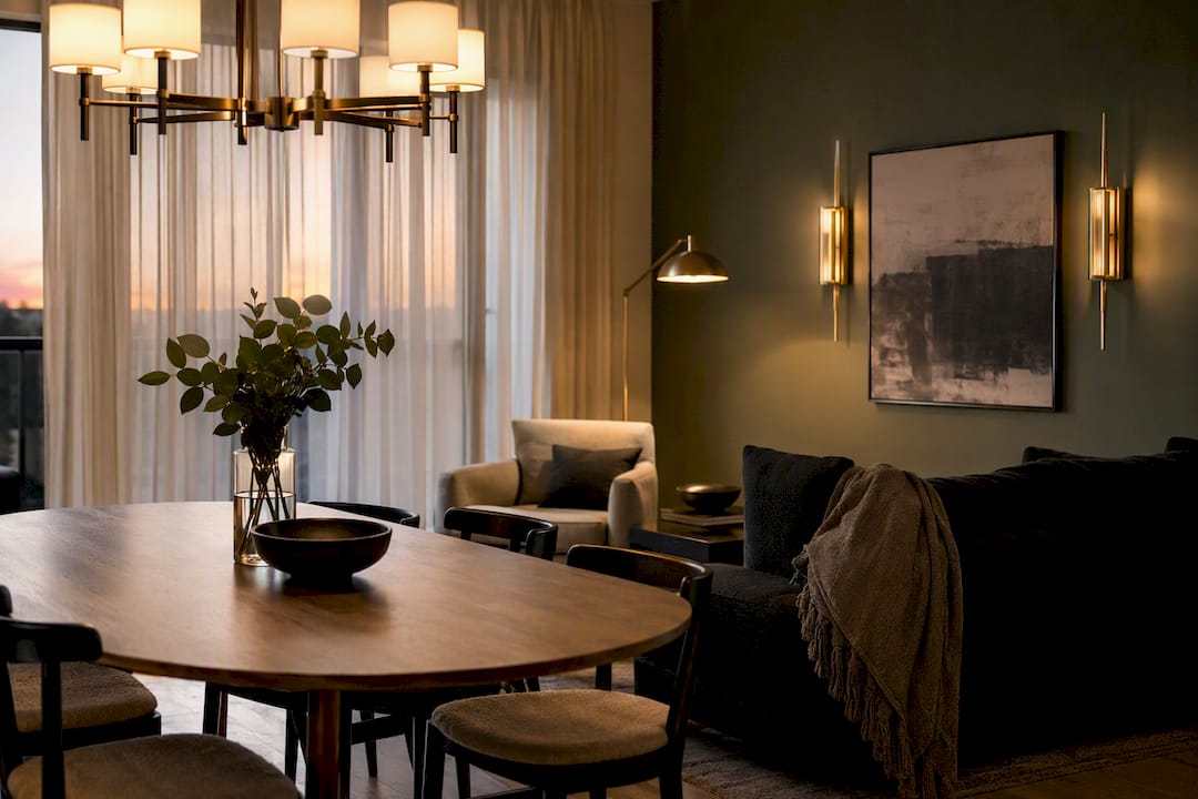 Layered mixed metals lighting in living and dining room