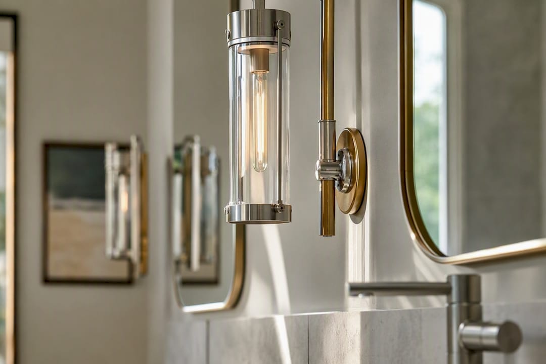 Bathroom vanity mixed metal lighting and faucet