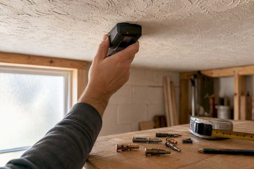 Hand using stud finder on ceiling near ceiling anchors
