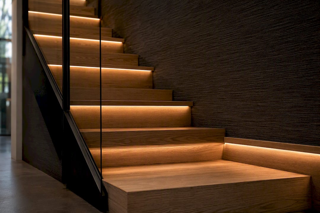 Continuous under-tread linear LED strip lighting on stairs