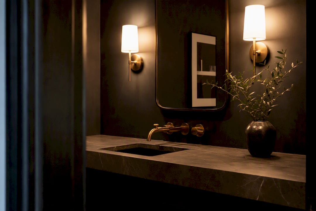 Powder room mirror with side sconces preventing shadows
