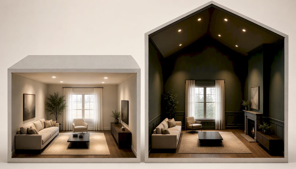 Illustration comparing ceiling height and wall color