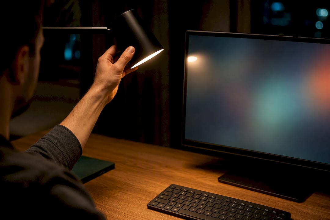 Testing desk lamp reflection on monitor
