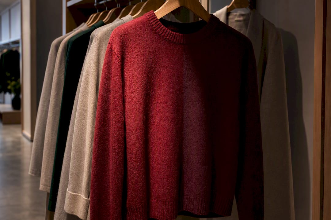 Burgundy sweater under contrasting retail lighting