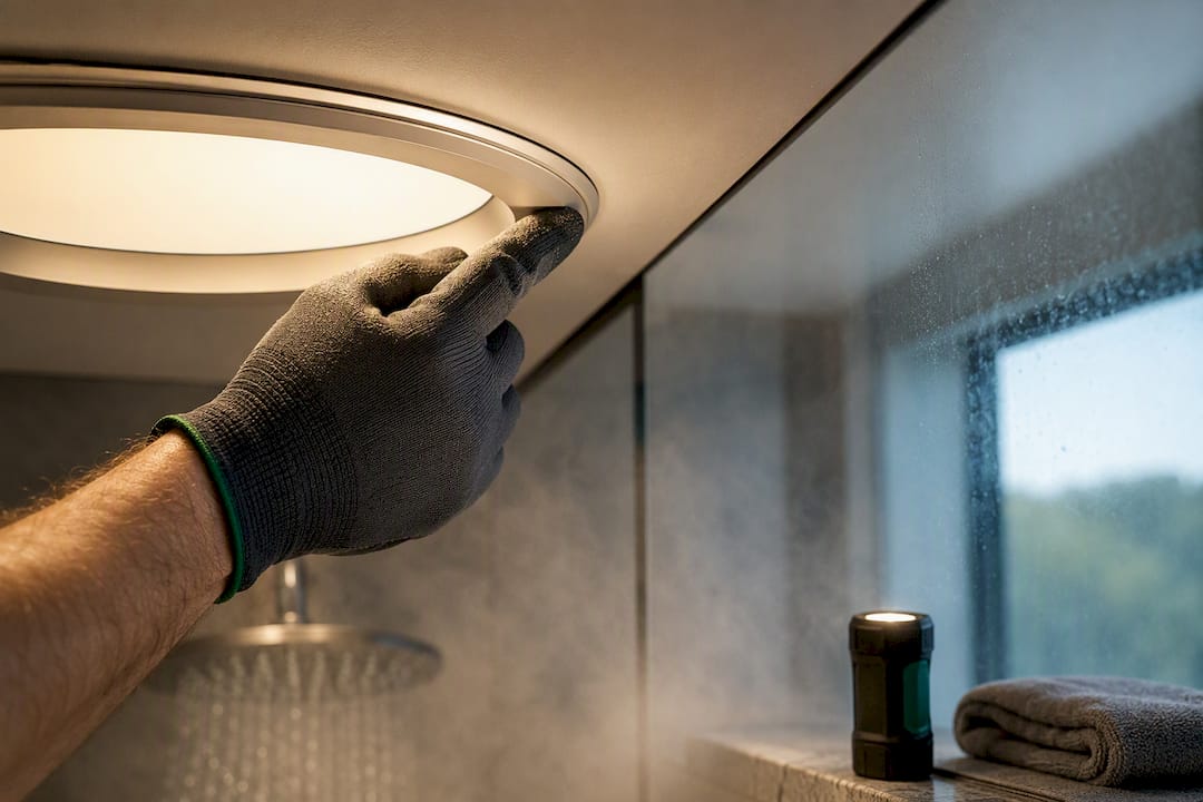 Electrician checking shower light trim seal