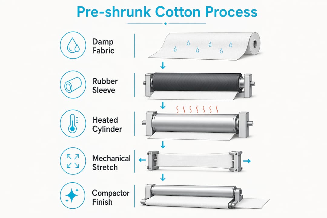 Infographic illustrating pre-shrunk cotton manufacturing steps
