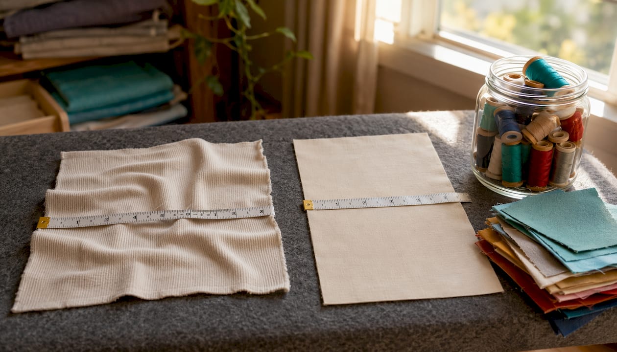 Cotton fabric swatches showing shrinkage differences