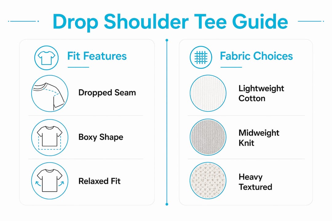 Infographic showing drop shoulder tee fit and fabric features