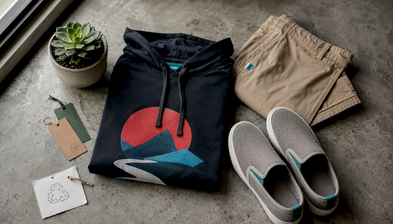 Imuskop ethical streetwear flatlay on wood floor