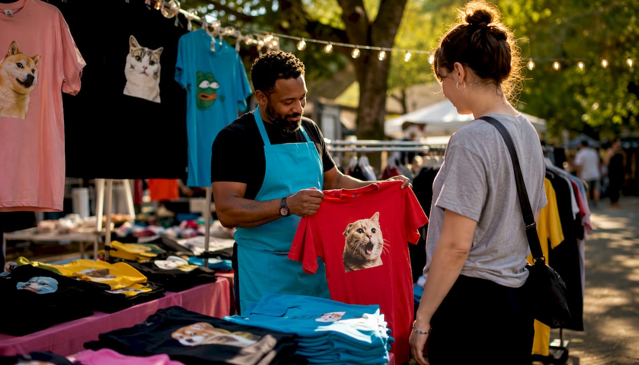 Vendor and customer at meme t shirt market booth