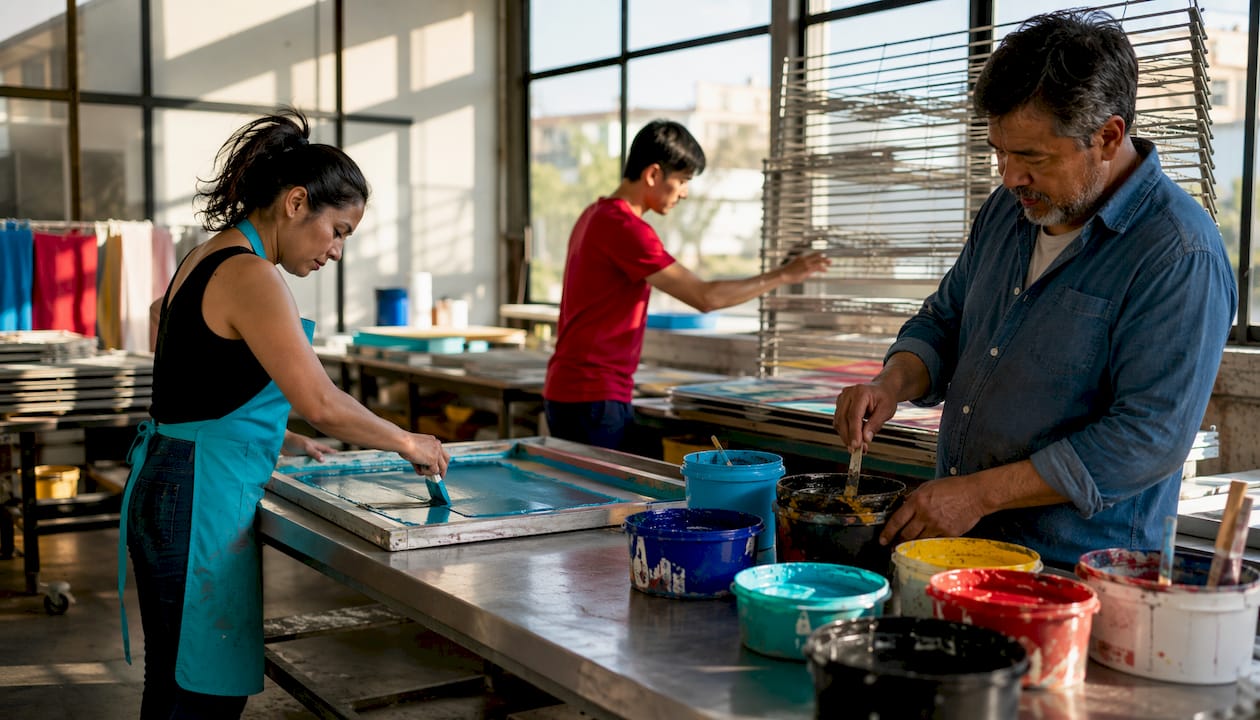 Worker preparing screen printing stencil