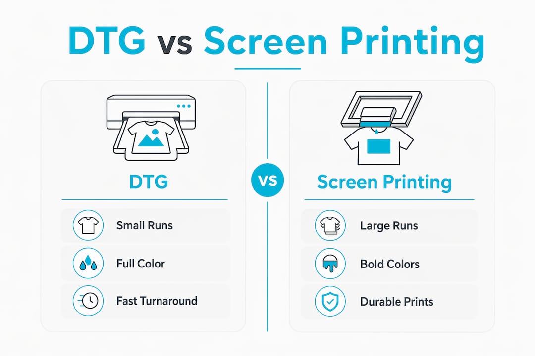 Infographic comparing DTG and screen printing methods