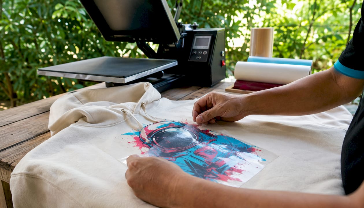 Hands applying DTF transfer to streetwear apparel