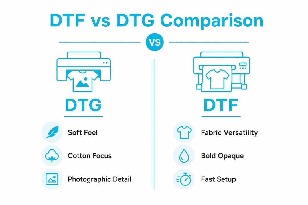 Infographic comparing DTF and DTG streetwear printing