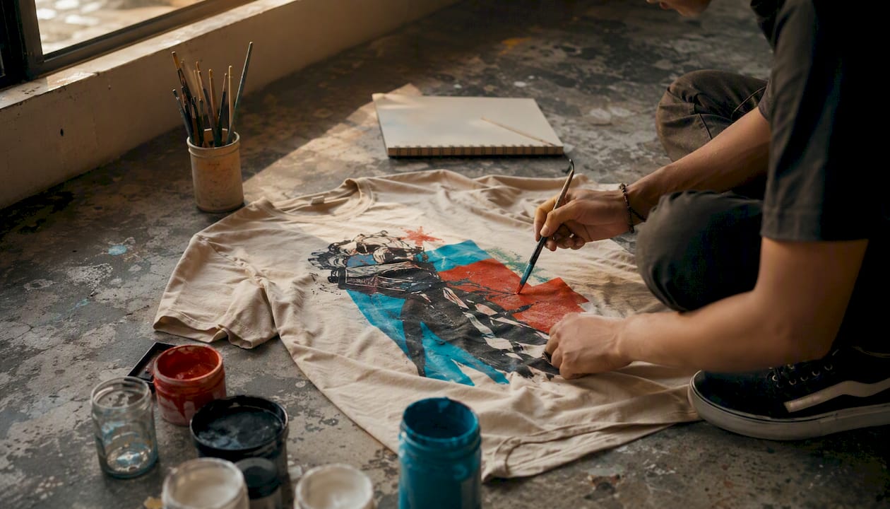 Hands sketching activist streetwear graphic on t-shirt