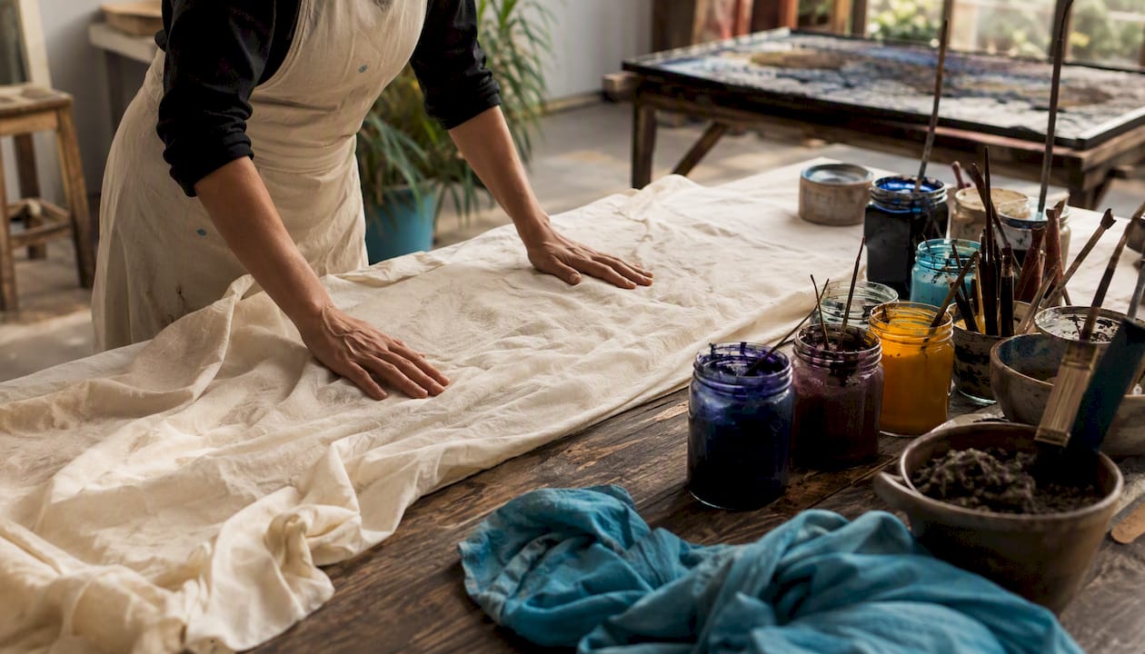 Hands preparing sustainable fabric for activist clothing