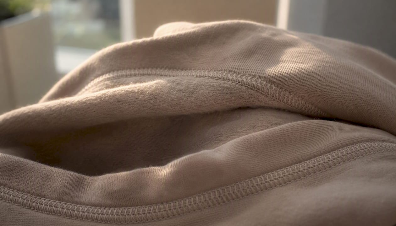 Close-up of organic cotton hoodie knit and stitching