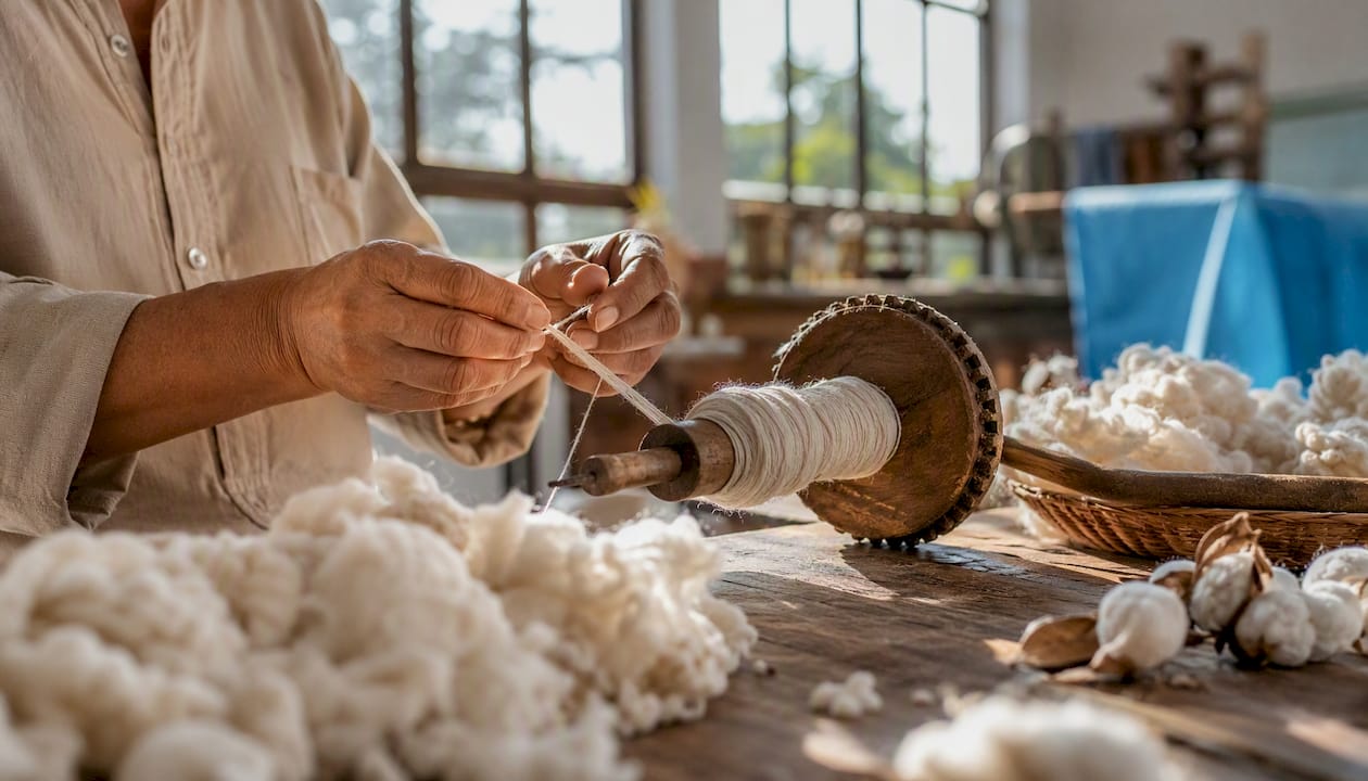 Hands twisting cotton fibers into yarn