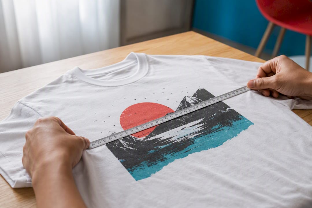 Hands measuring graphic placement on t-shirt chest