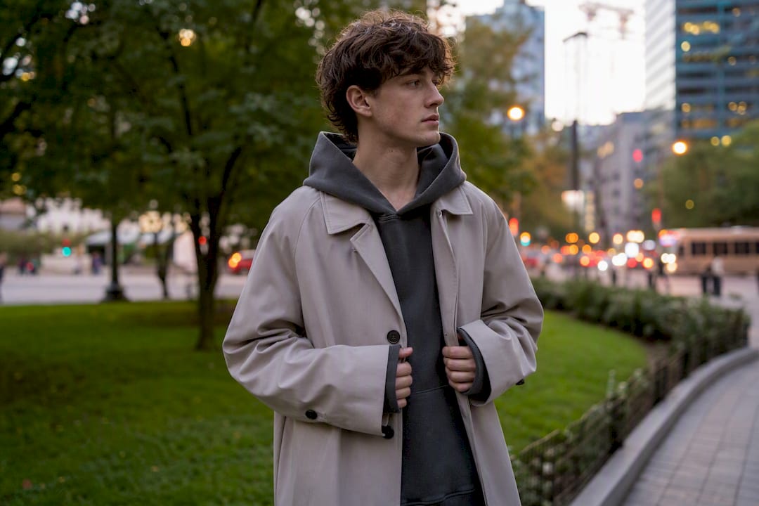 Streetwear layering with drop shoulder hoodie under coat