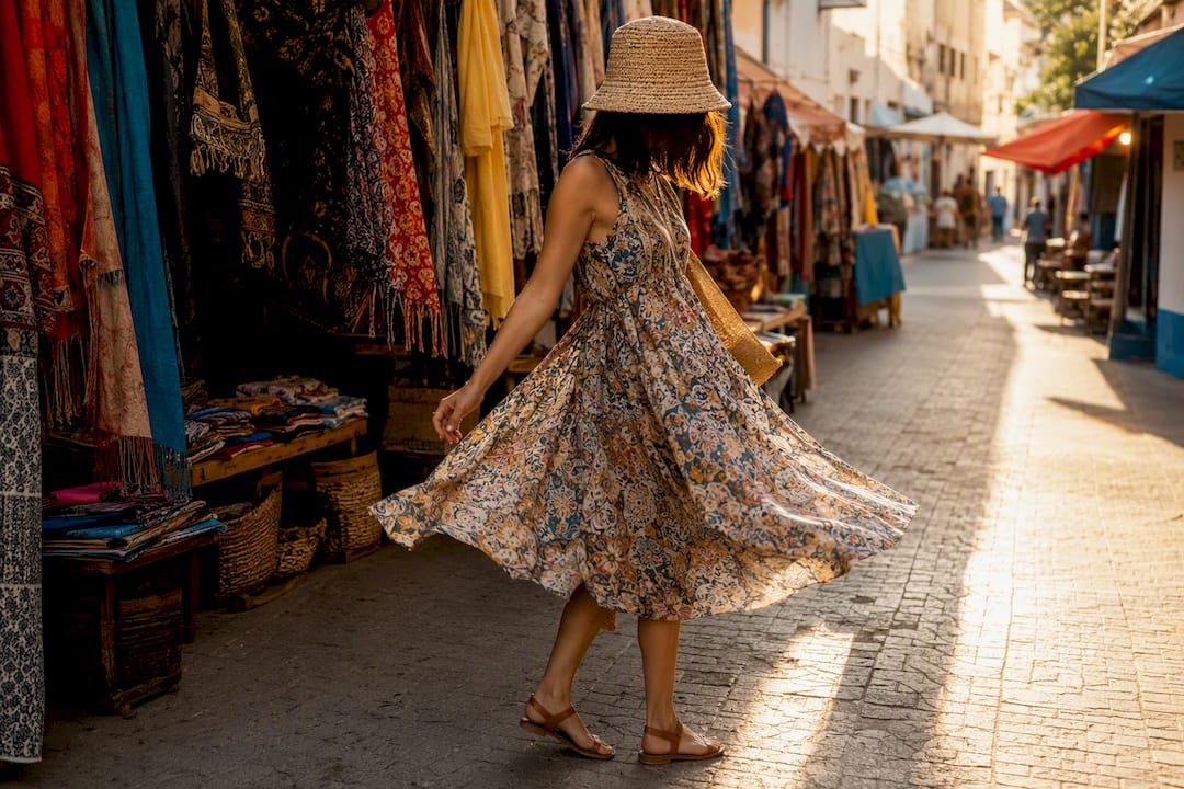 Summer midi dress with straw bucket hat