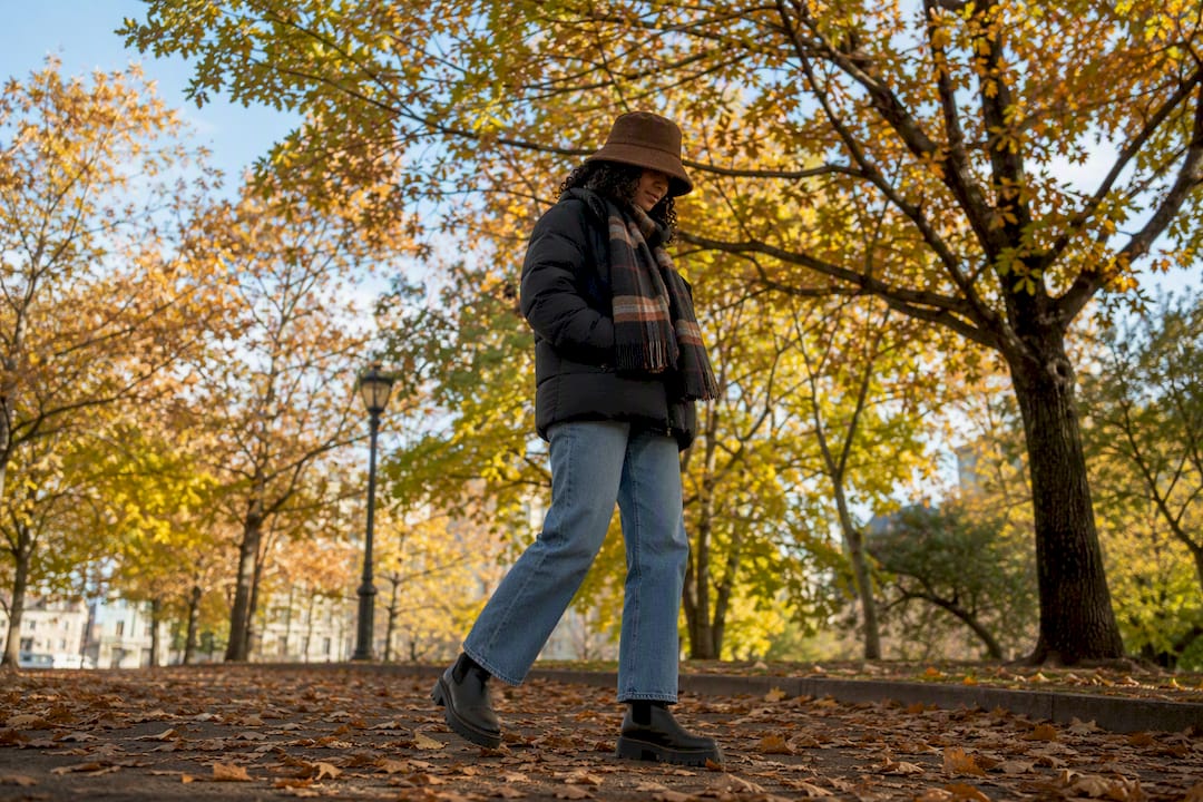 Fall outfit with corduroy bucket hat detail