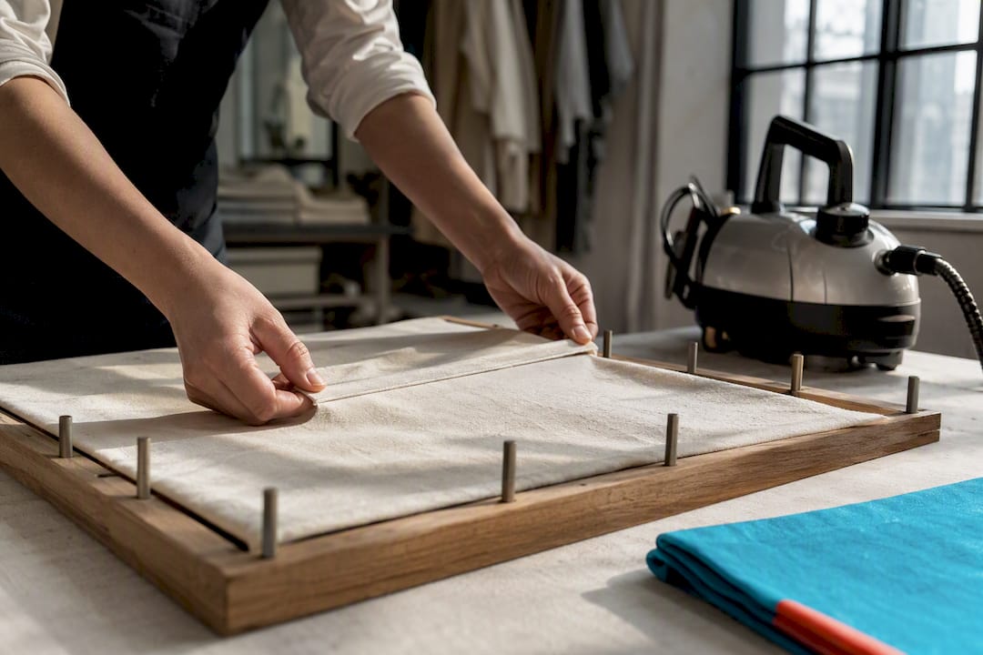Hands aligning cotton fabric on blocking frame