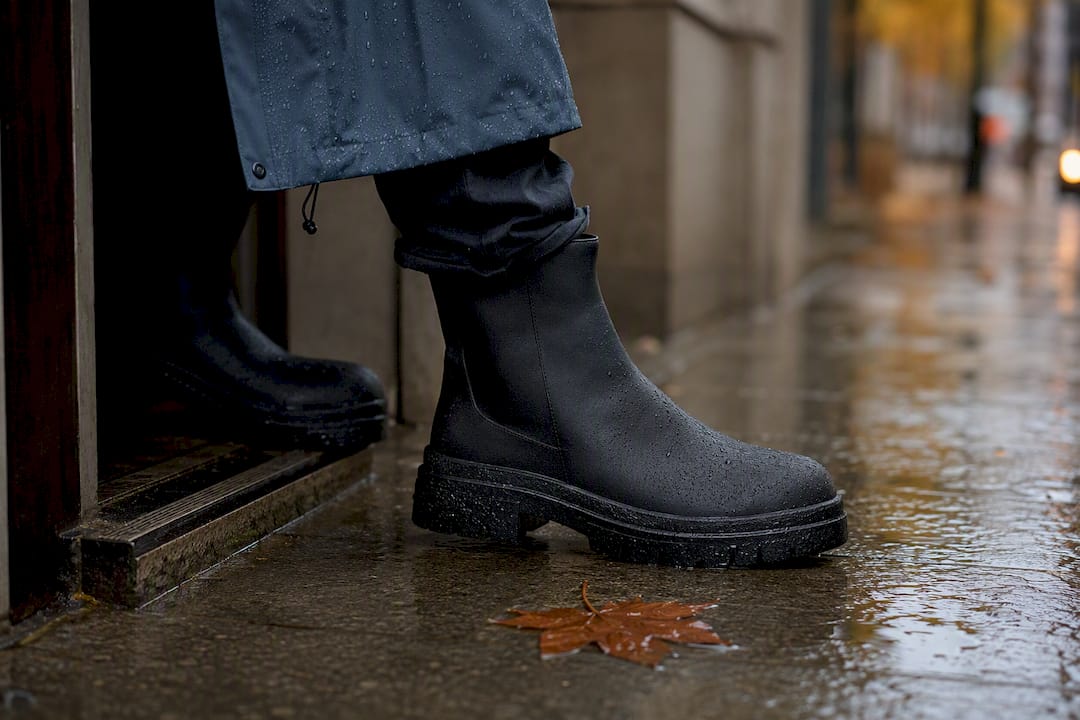 Rain-ready boot stepping onto wet pavement
