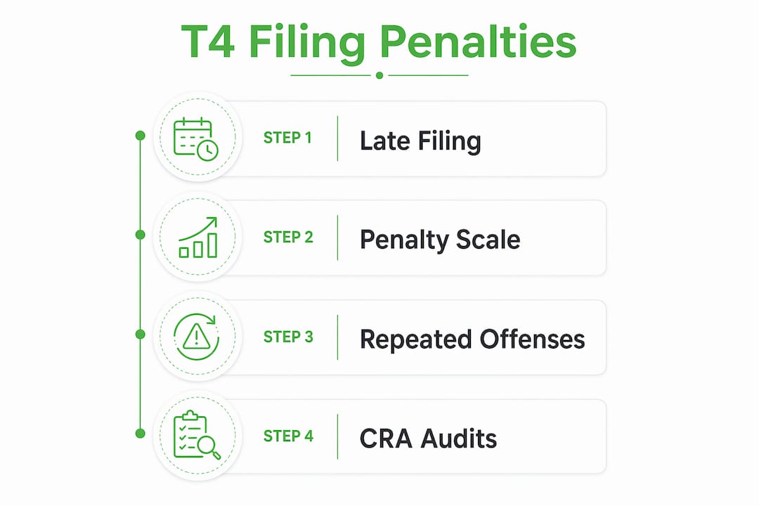 Infographic showing T4 filing penalties steps and consequences