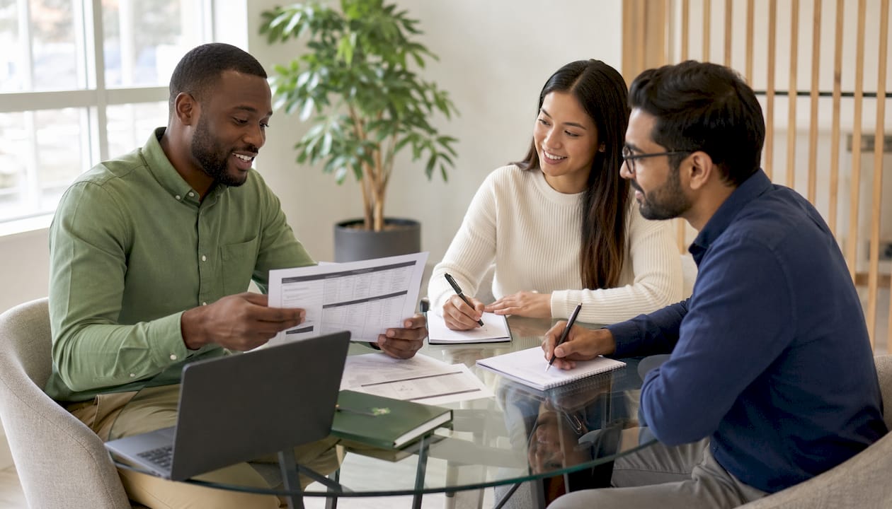 Hands exchanging payroll reports in meeting