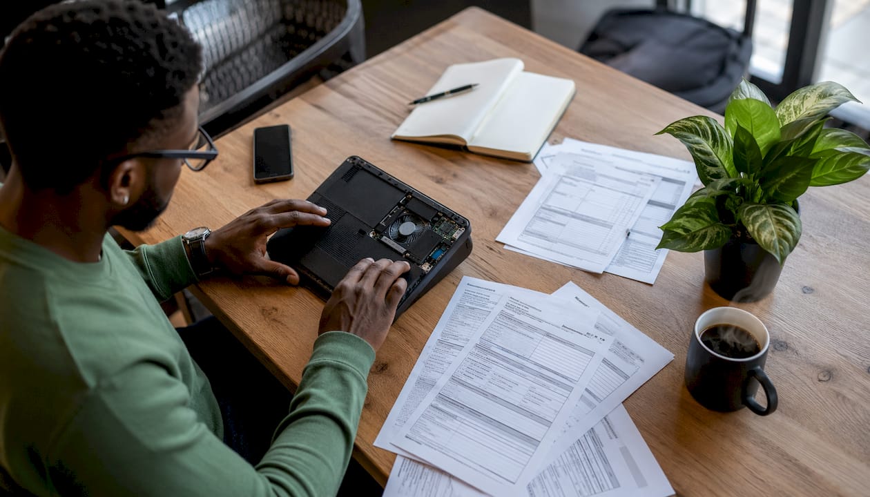 Hands typing near payroll tax documents on laptop