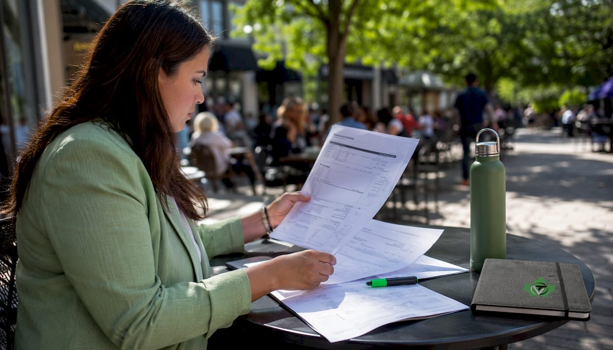 Hands comparing three AP documents on table