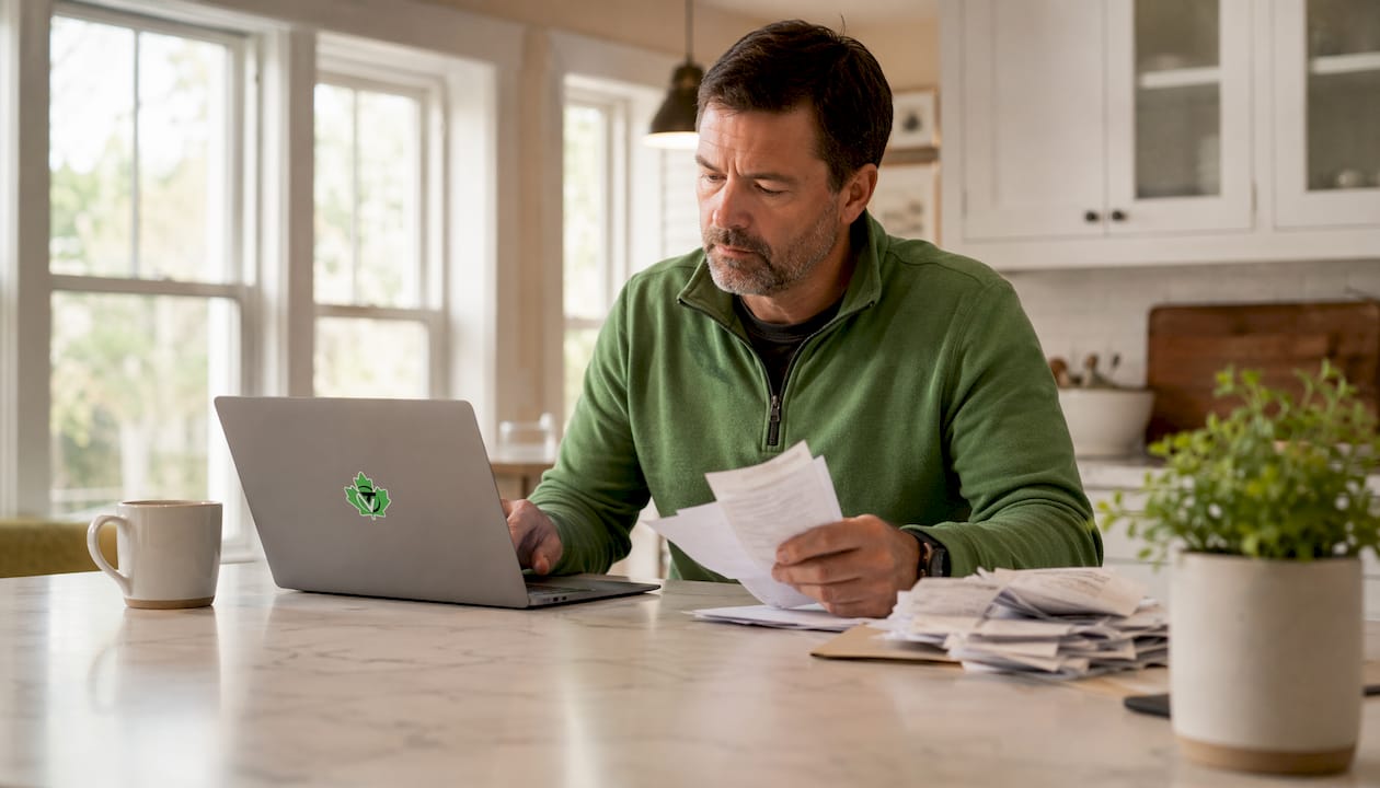 Small business owner doing bookkeeping at desk