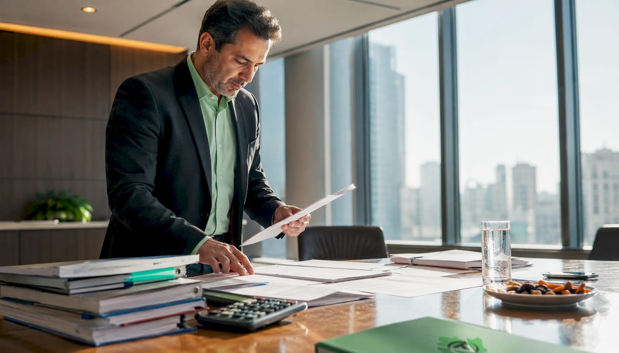 Accountant reviewing federal corporate tax papers