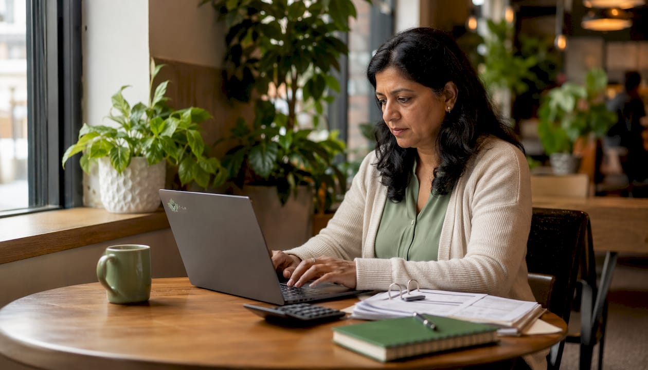 Woman reviewing accounting spreadsheets at desk