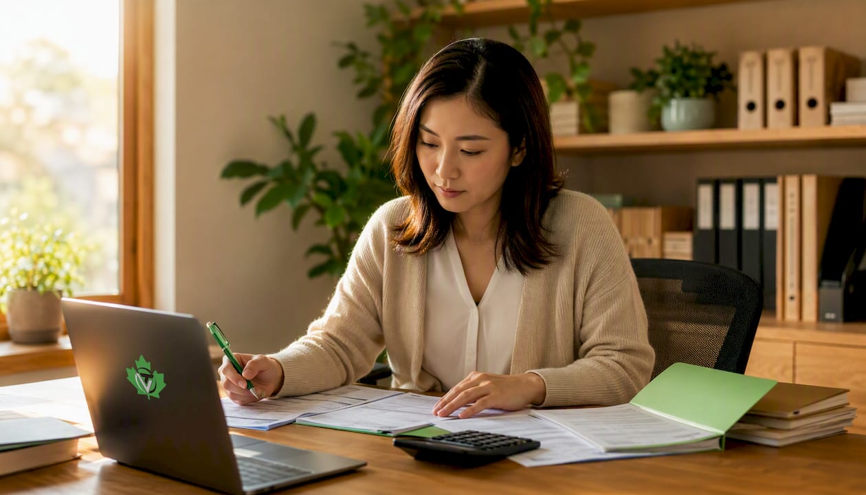 Hands preparing tax return documents