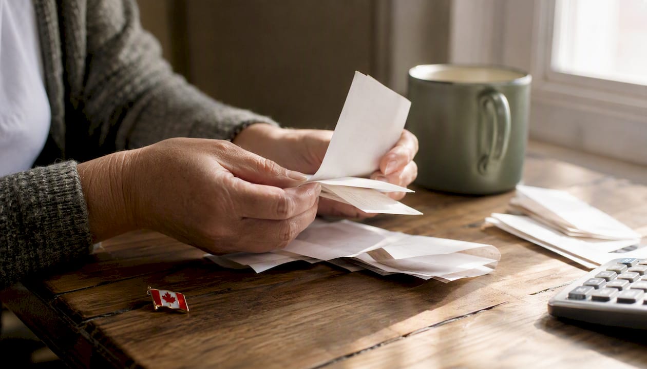 Close-up of hands handling financial receipts with Canadian flag