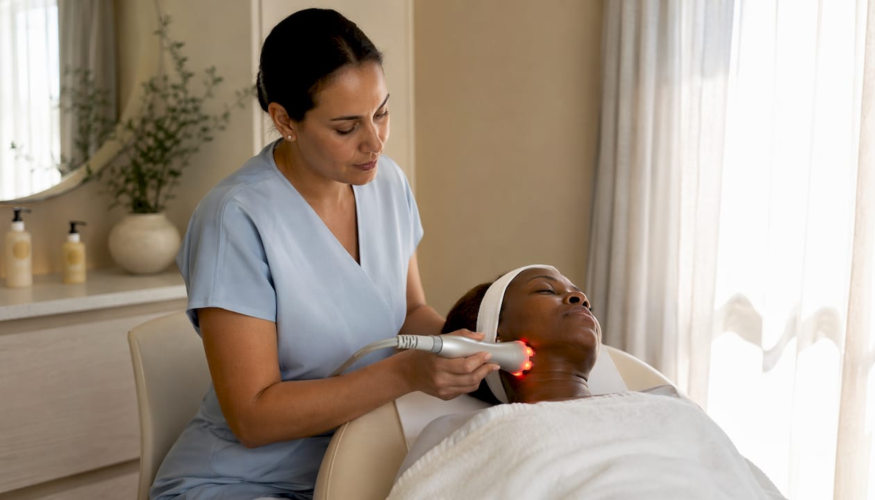 Practitioner performing radiofrequency tightening treatment