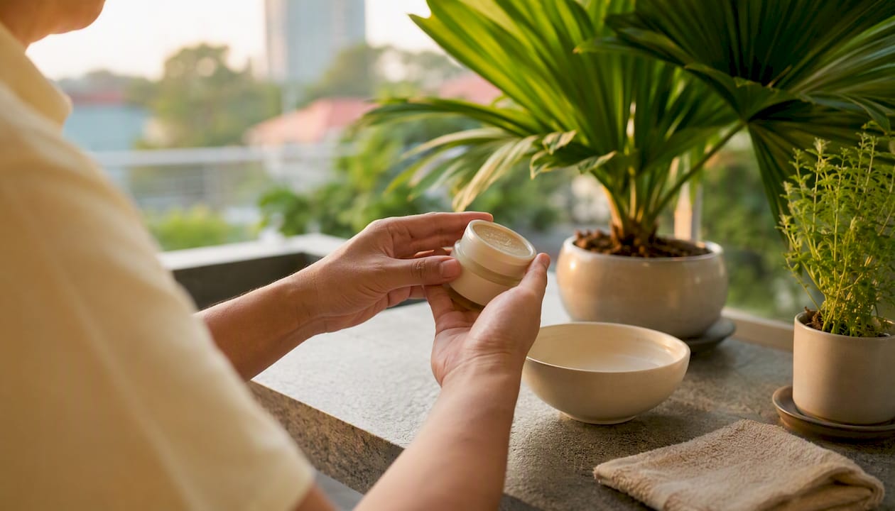 Hands preparing exfoliant in kitchen counter