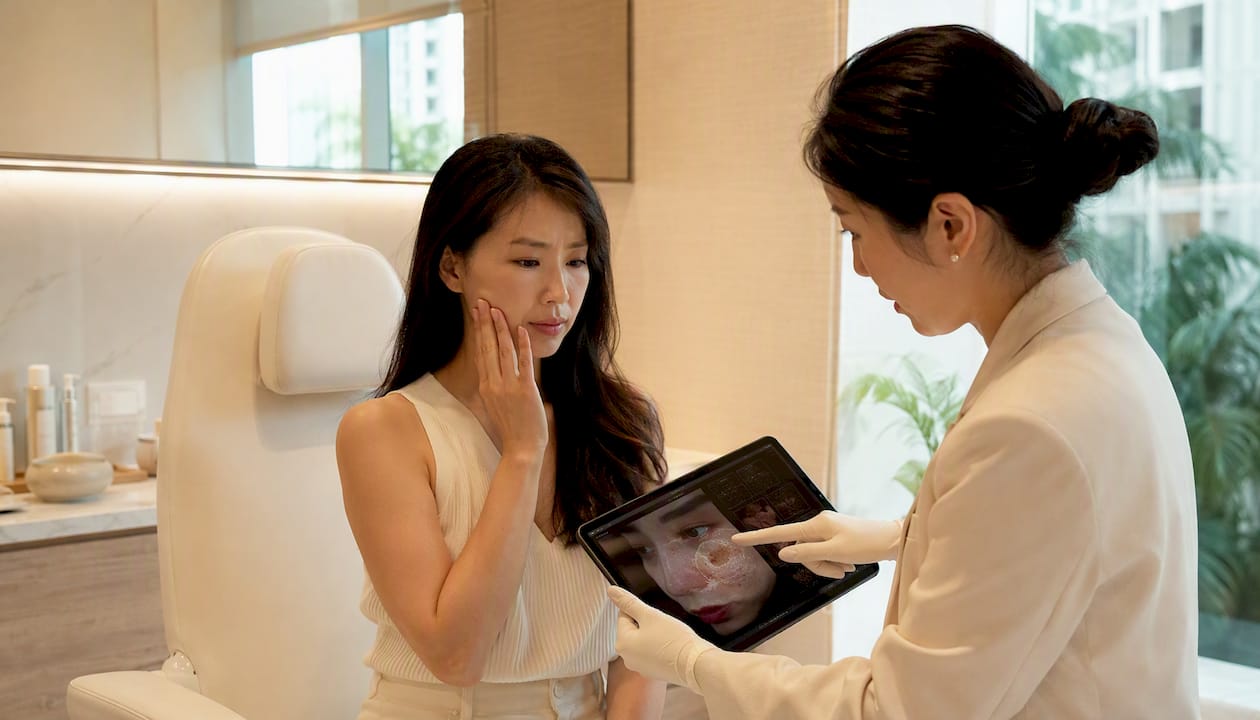 Close-up dermatologist inspecting dull cheek skin