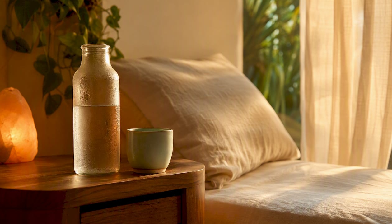 Evening hydration setup on bedside table