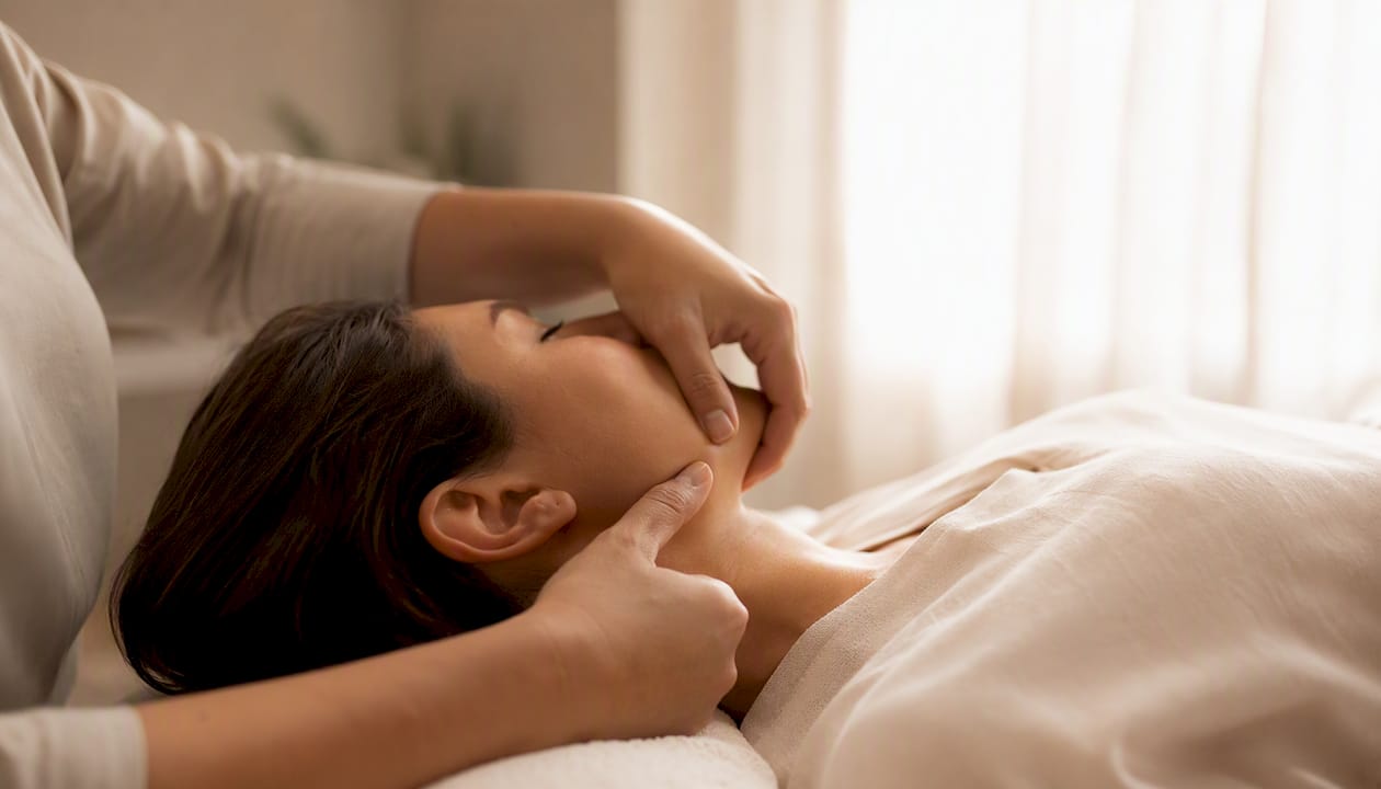 Therapist demonstrating gua sha facial technique