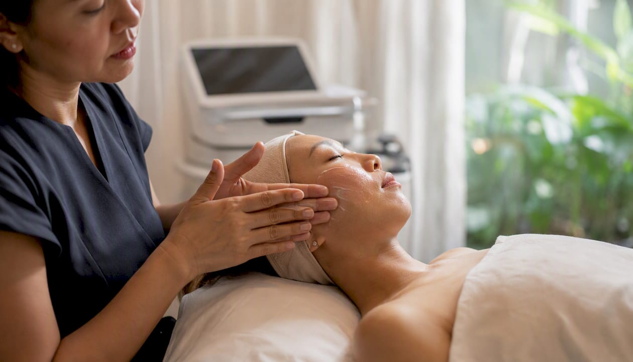 Clinician applying hydrating facial treatment