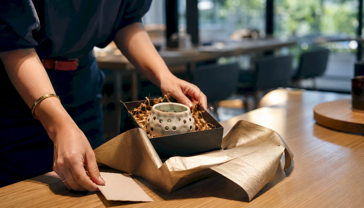 Hands presenting artisanal porcelain corporate gift