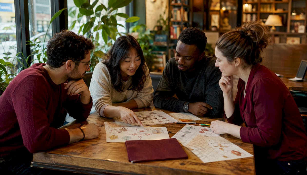 Une équipe qui réfléchit ensemble pour résoudre une énigme au bureau, dans une ambiance conviviale et collaborative.