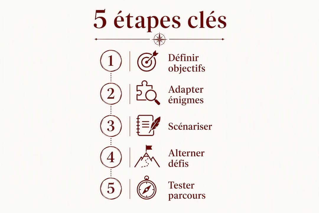 Schéma des 5 grandes étapes pour créer un jeu de piste éducatif