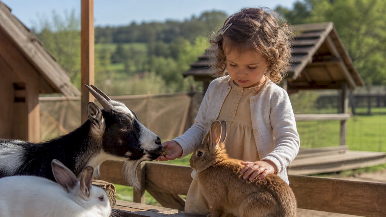 Des enfants découvrent la joie de caresser les animaux à la ferme pédagogique.