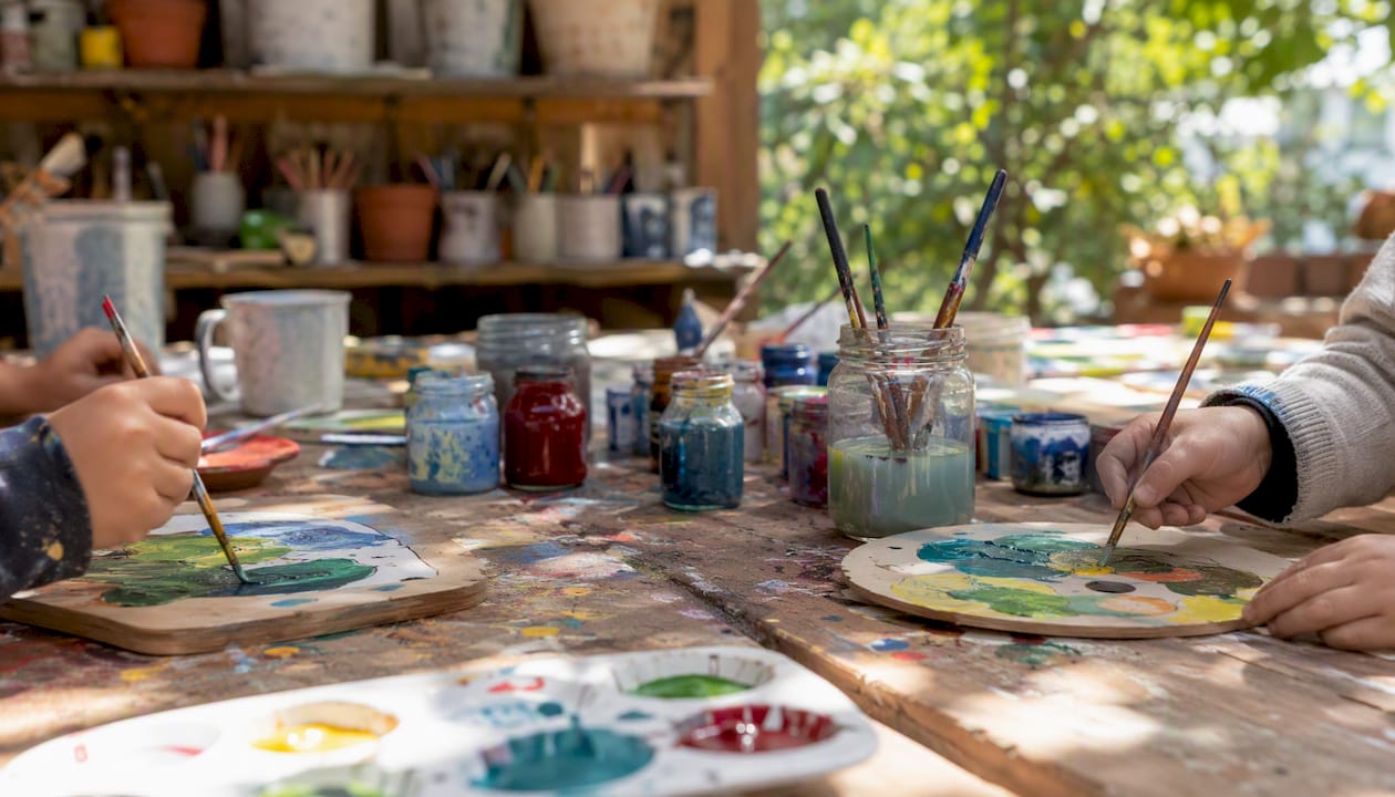 Des enfants s’amusent à peindre et à réaliser des activités créatives lors d’un atelier.
